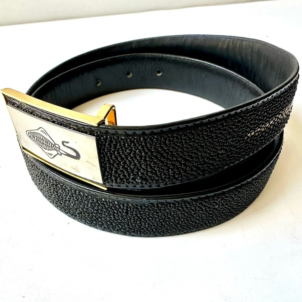 Stingray Skin Black Textured Belt with Gold & Silver Buckle 34” Unisex